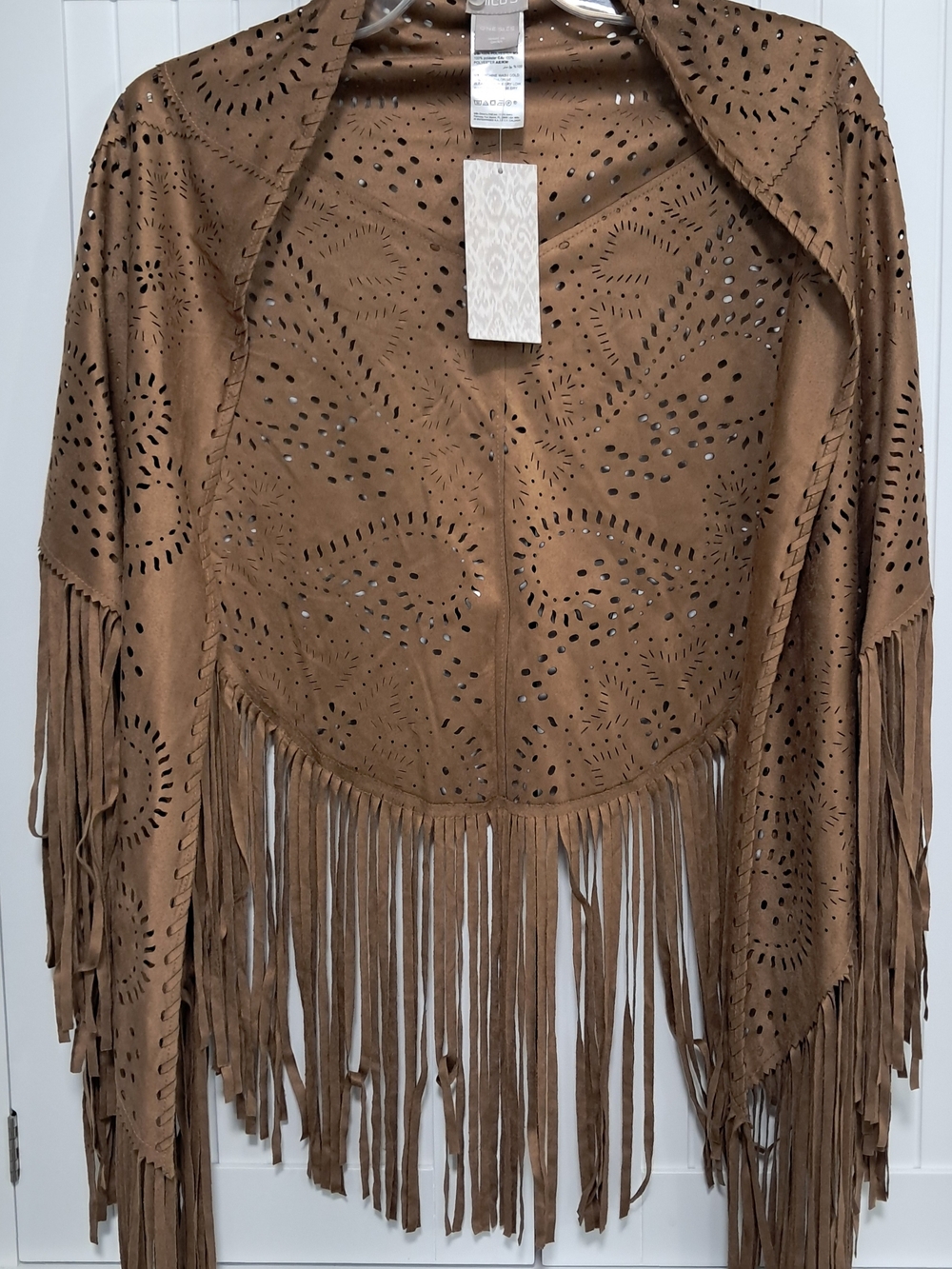 Chico's Tan Faux-Suede Laser-Cut Fringe Wrap Boho $99 NWT